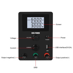 NICE POWER Adjustable DC Switching Power Supply 0-60V 0-5A - BLACK